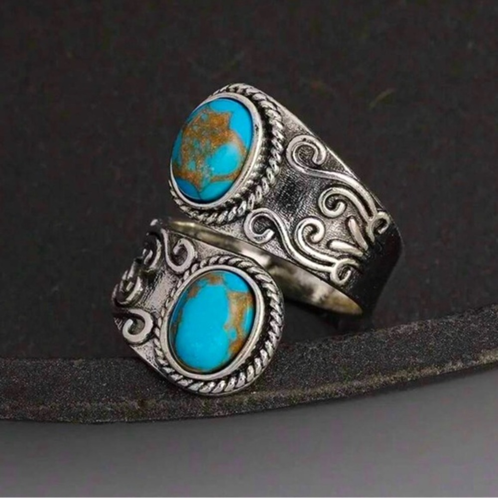 ✨Turquoise Stone Silver Swirl Adjustable Ring - Blue Turquoise